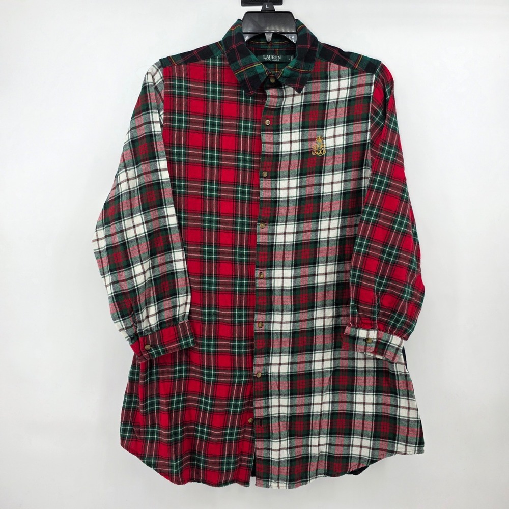 Lauren Ralph Lauren Womens L Flannel Sleep Shirt Tartan Plaid Embroidered Crest